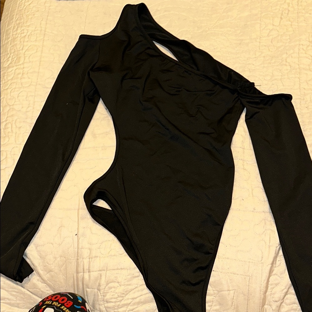 Black Bodysuit One Piece with Asymmetrical Neckline and Cut-out
